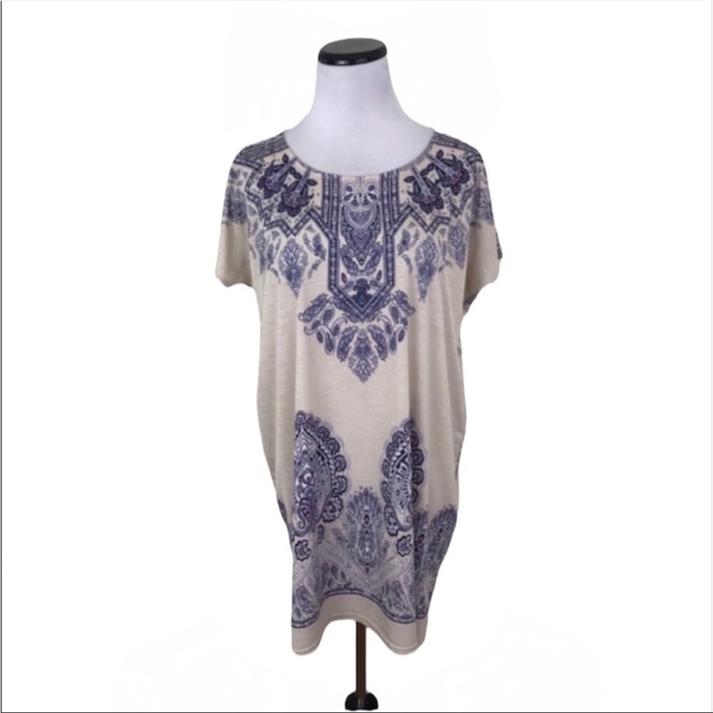 NWT Blue Saks Fifth Avenue Paisley Floral Tunic Blouse Top Blue Cream Size Small